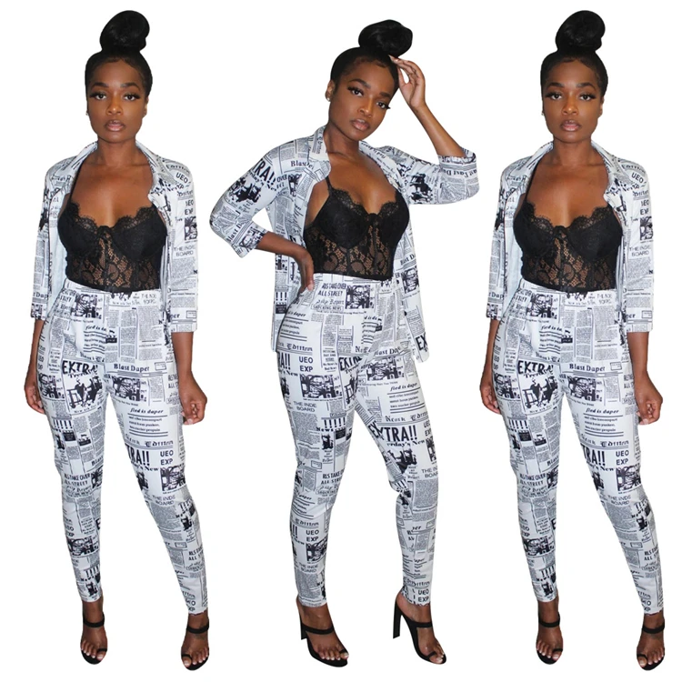 C90691 Elegant fashion newspaper printing seven sleeve small suit woman two piece set