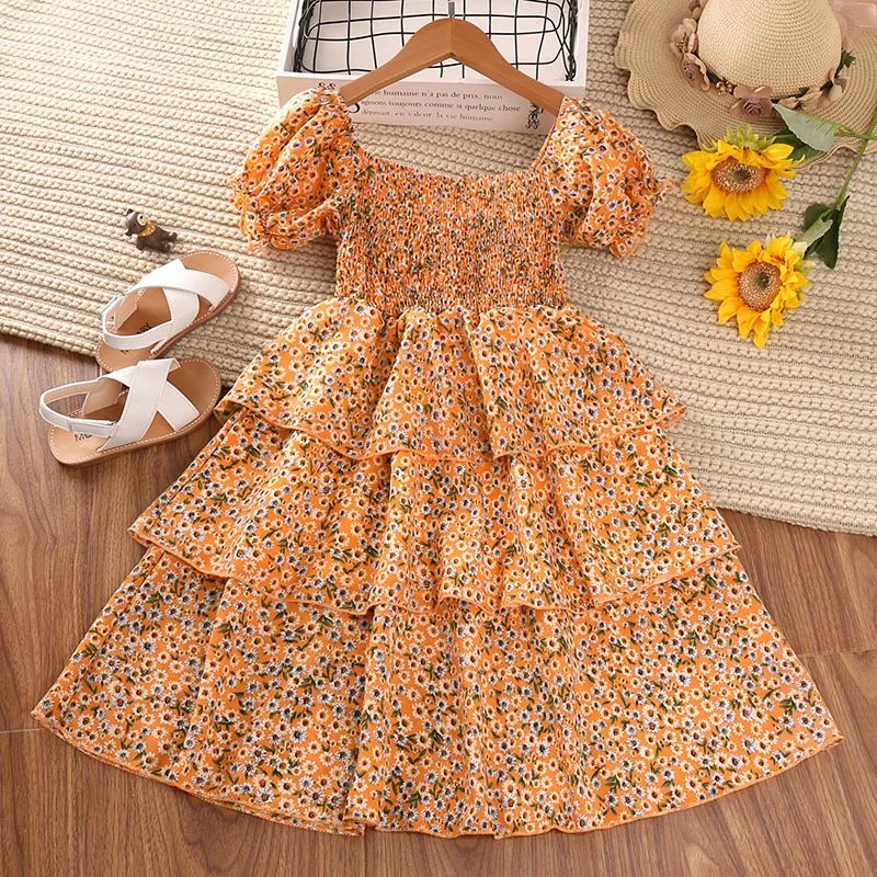new dress design 2022 Girls Summer Foreign Style Small Floral Bubble Short-sleeved Chiffon Princess Skirt Children's Clothing Color:Custom Color(Leave color in the seller box) Suit bridal copy Maternity bridesmaid dresses, pregnant