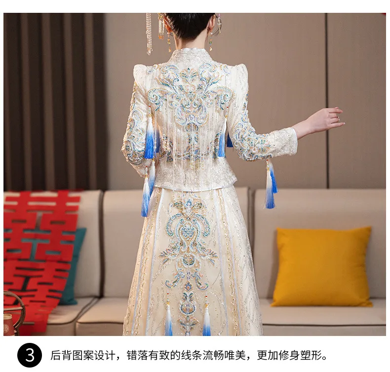 S3335A Luxury White Xiuhe Dress Modern Chinese Style Wedding Dress Heavy Industry Bridal Dress for Summer Weddings