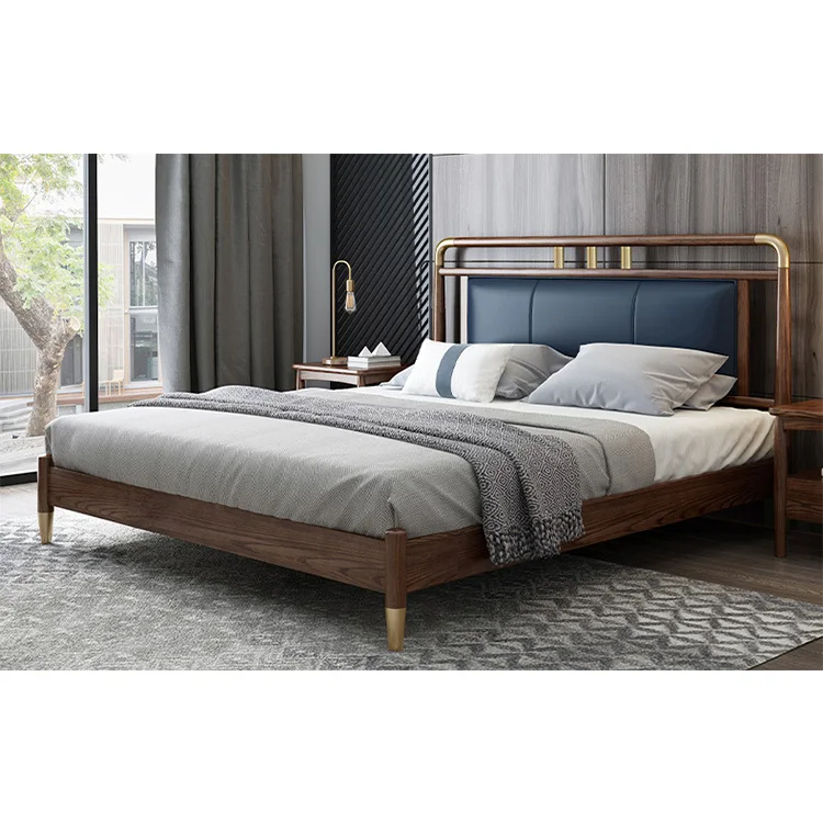 product-Modern smart high quality home furniture wax oil of brass foot wood soild wood bed with fibr-2