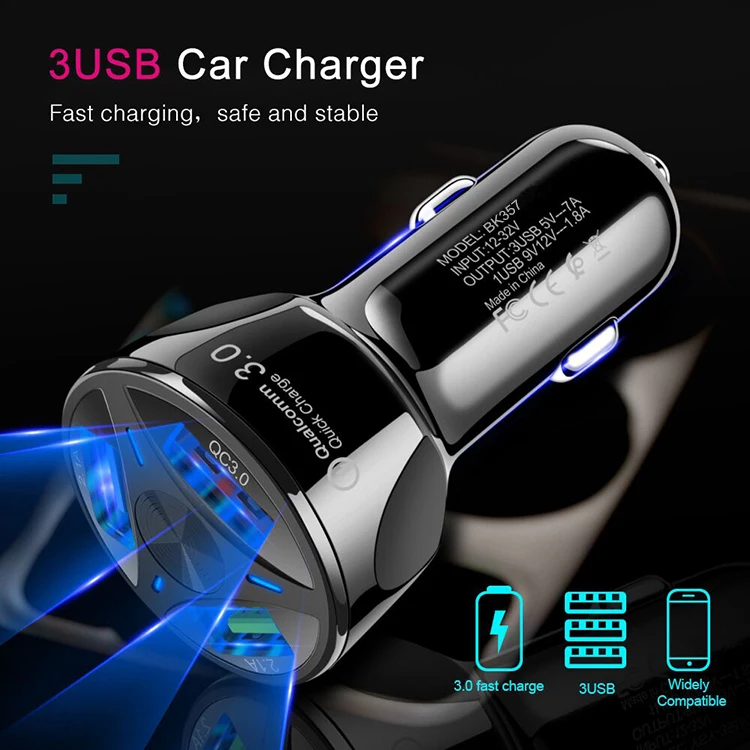 Factory Outlet QC3.0 7A Fast Car Charger 3 in 1 USB Adapter for Smartphone