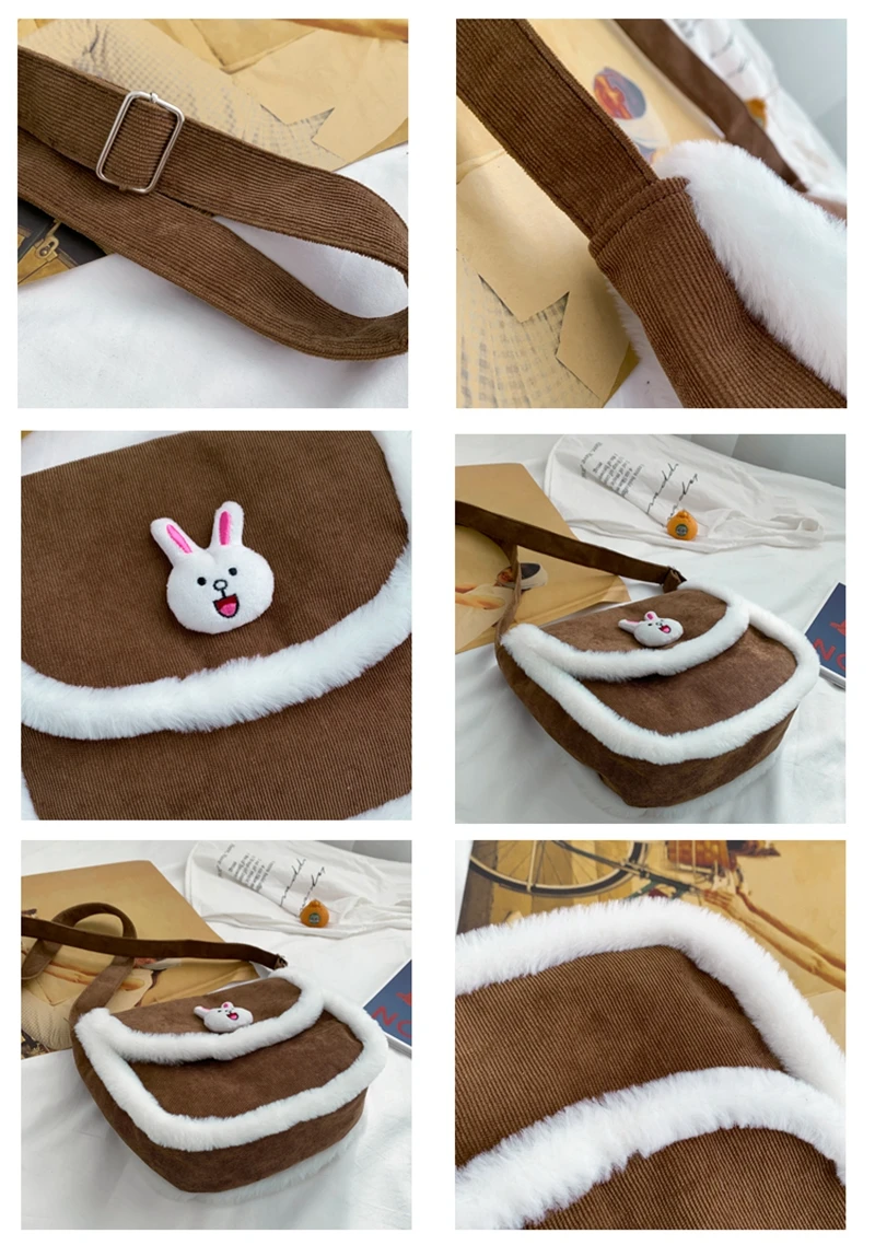 Winter warm large capacity velvet fabric ladies messenger bag cute cartoon canvas bag