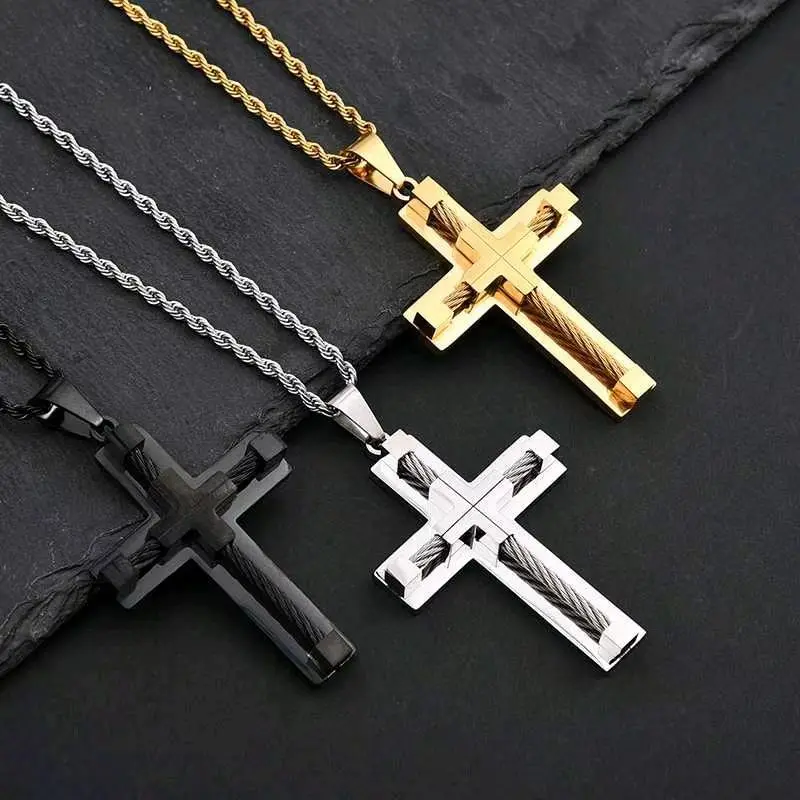 High Quality Stainless Steel Men's Vintage Buddhism Cross Pendant Necklace