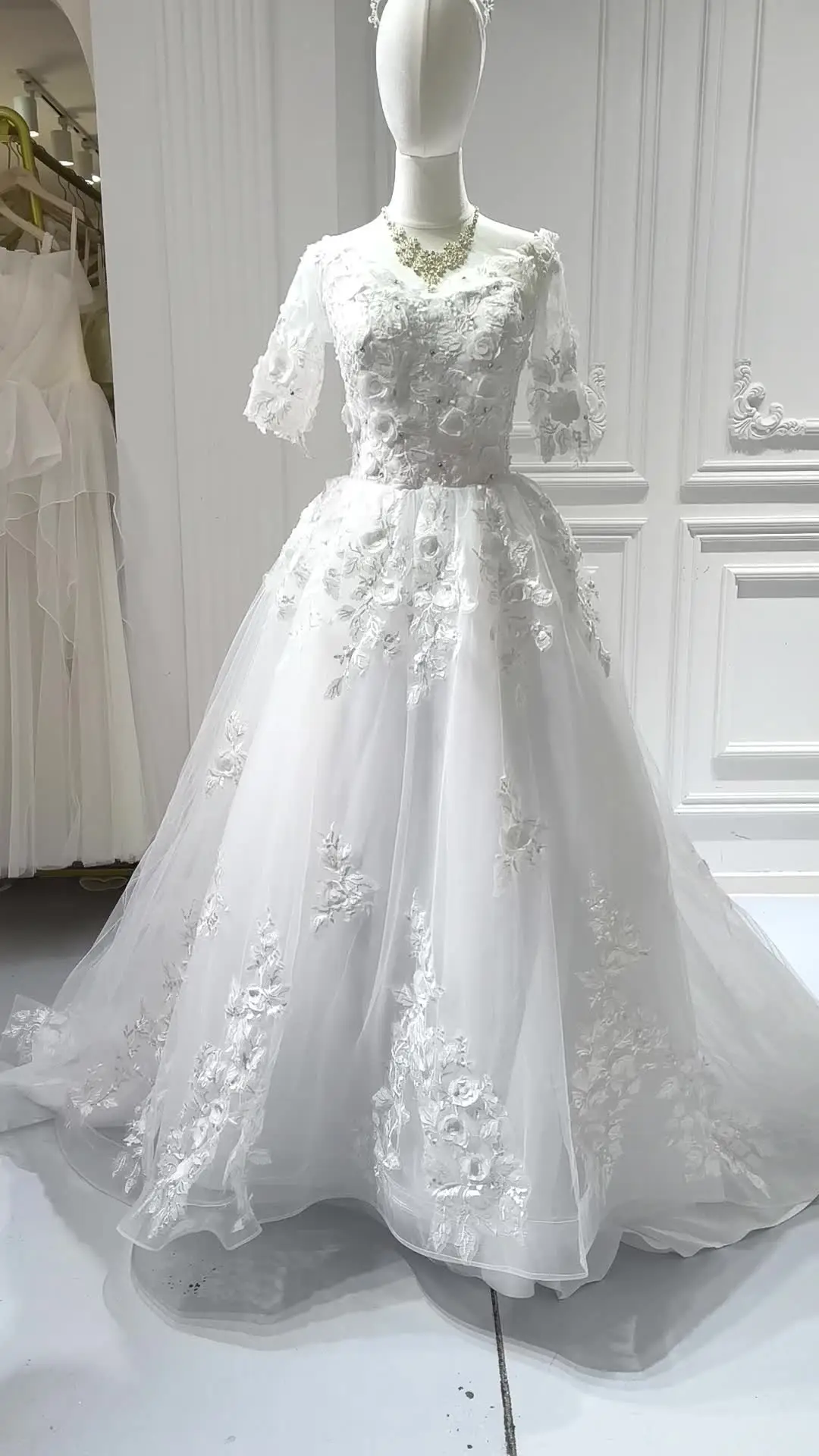 sachin and babi light blue dress S1032G New Gorgeous Temperament High Quality Embroidered Beaded Lace  Elegant Short Sleeve Fluffy Trailing Wedding Dress