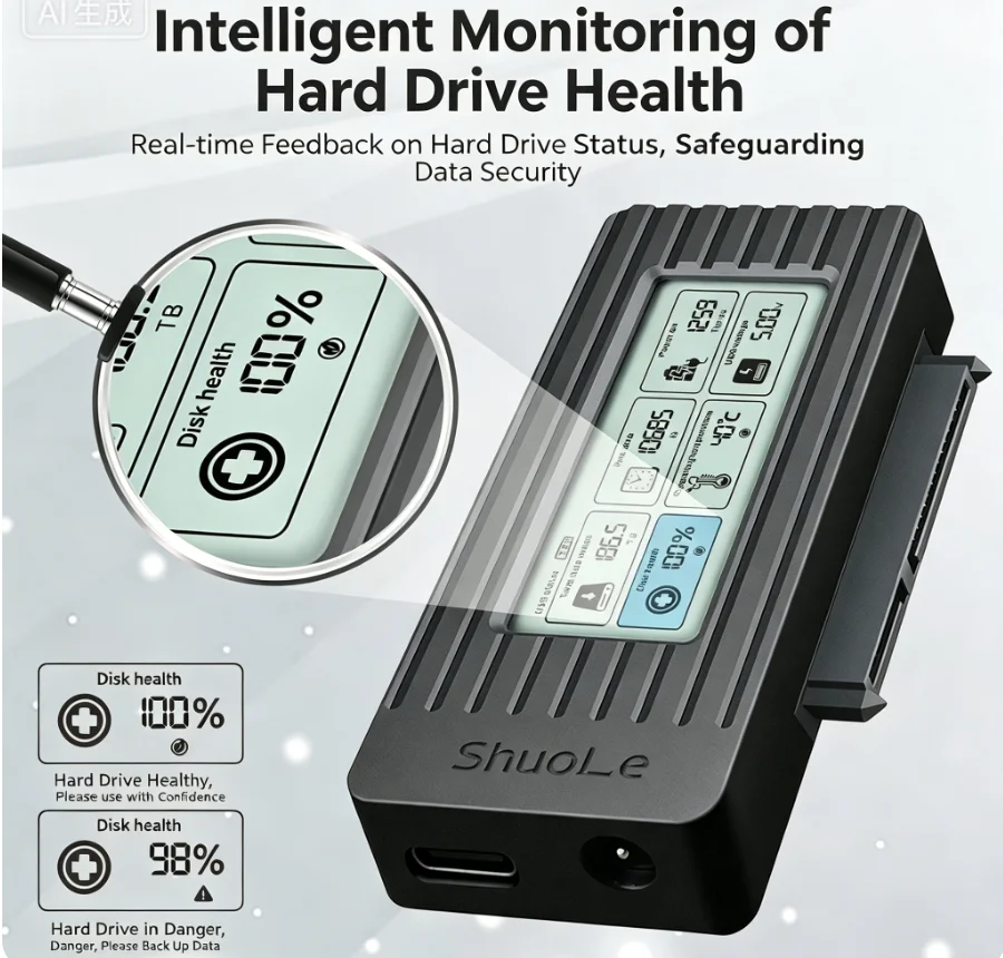Adaptador de Cabo Conversor Externo Inteligente ShuoLe Tipo-C USB3.1 5Gbps de Alta Velocidade em Plástico com LCD para HDD/SSD de 2.5 polegadas/3.5 polegadas (12 meses)