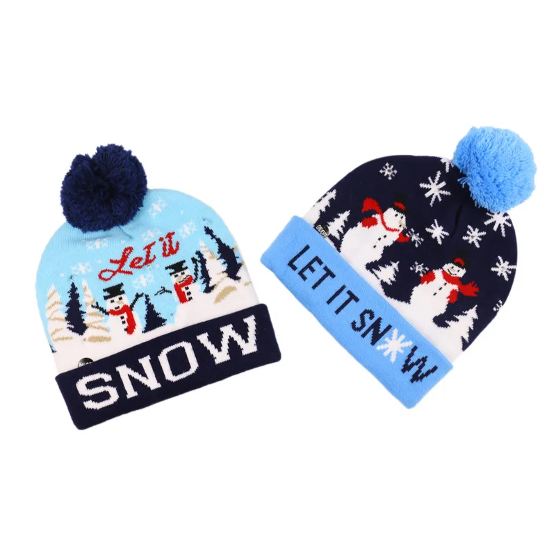 Children snowman Christmas trimmed with ball knit cap with LED colorful lights decorative hats funny product yiwu christmas hat