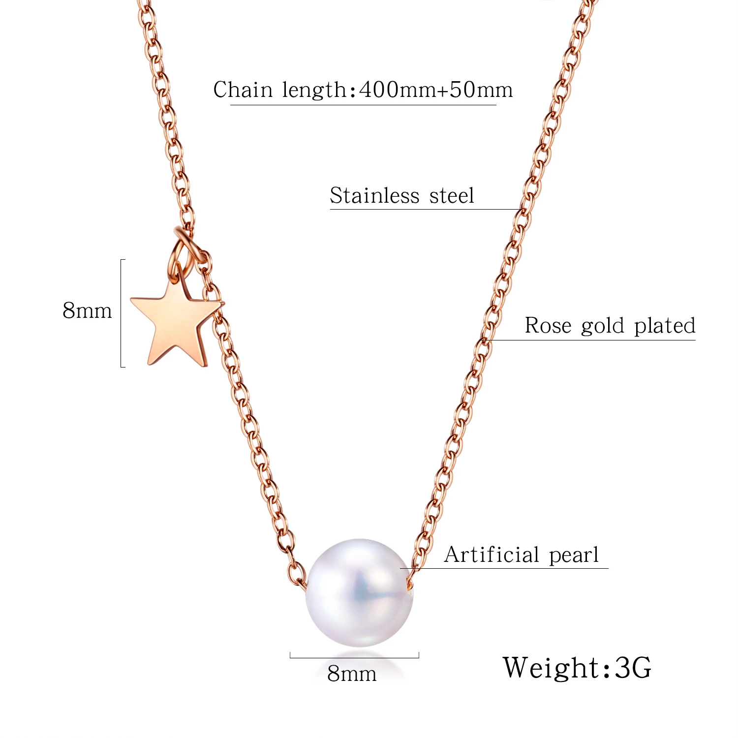 Stainless Steel Chain Star Pendant Pearl Necklace Jewelry
