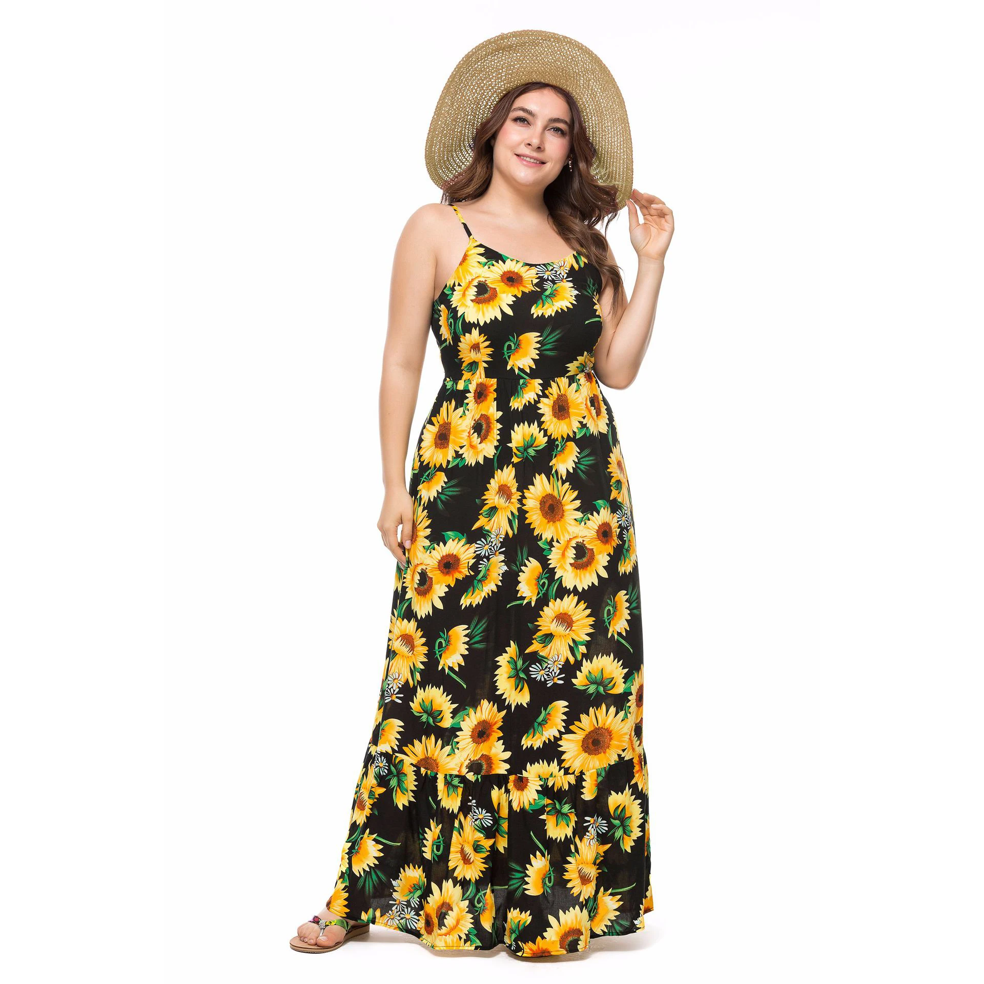 Big Plus Size Women Clothing Sunflower Printed Dresses With Shoulder ...