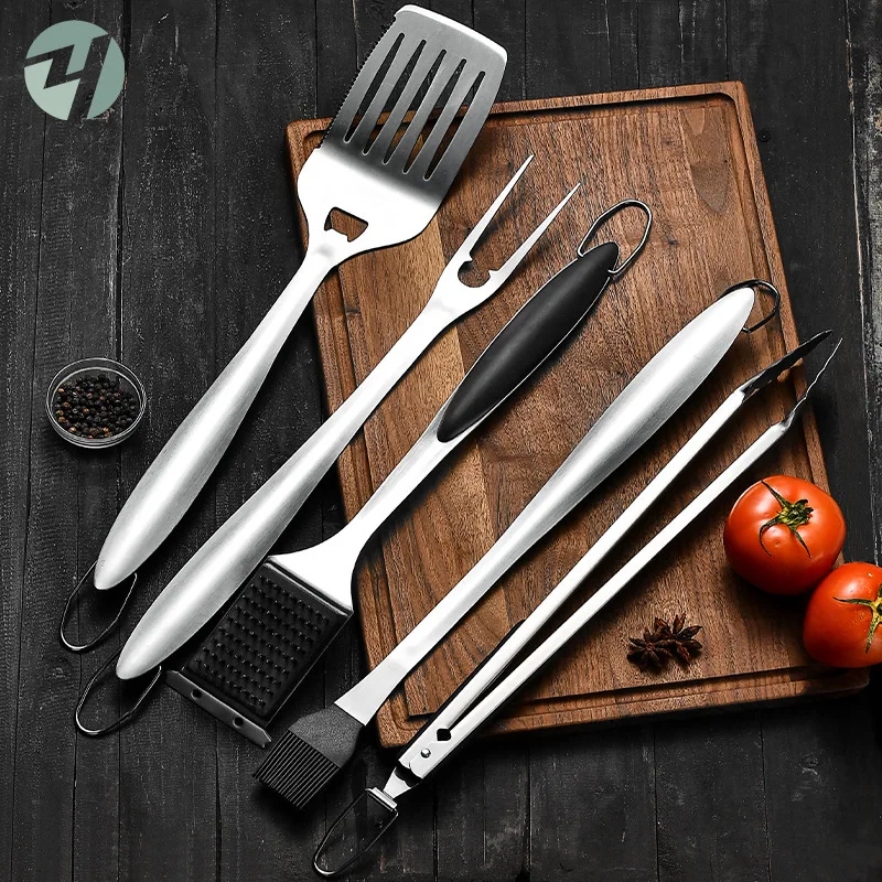 Wholesale Customized Stainless Steel BBQ Grill Tool Set (5 Pieces) Multi-Function Durable Grill Fork Food Tongs & Oil Brush factory