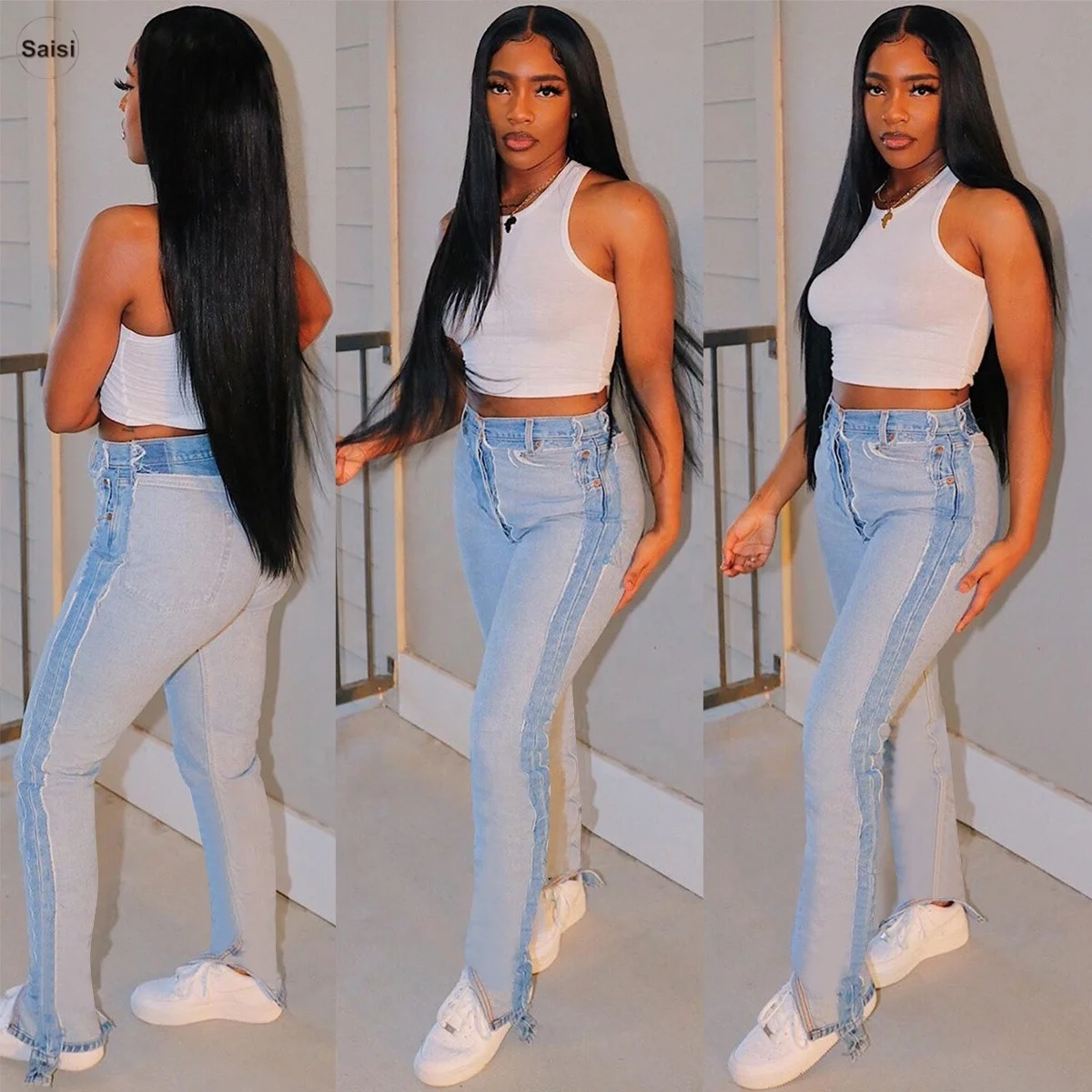 
women 2020 custom reversed high waisted bell bottom ladies fashion denim jeans wholesale 