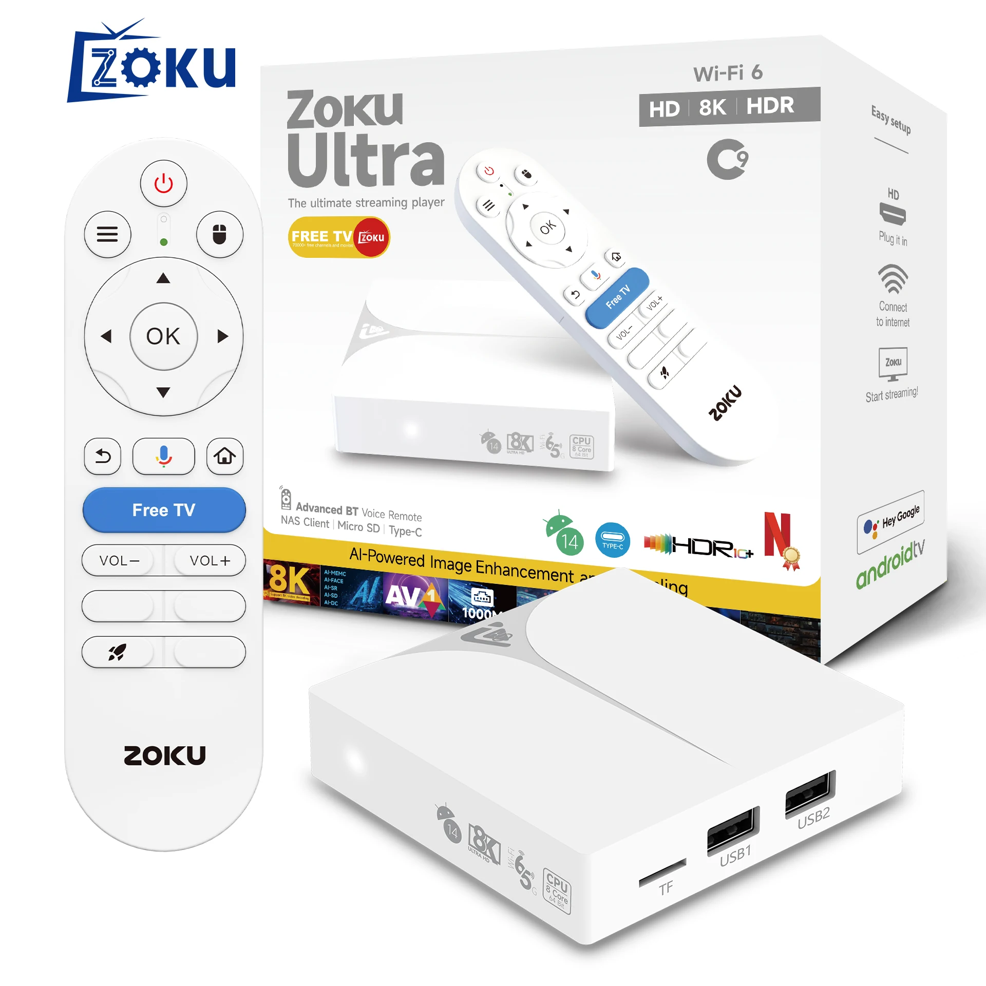 Zoku C9 TV BOX - 4GB RAM, 128GB ROM, 4K Android 14 Set Top Box