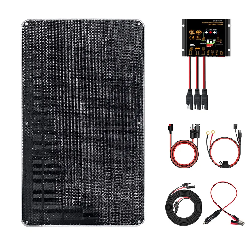 Rigid 12V solar panel kit mounted on RV roof with MPPT controller and battery connection