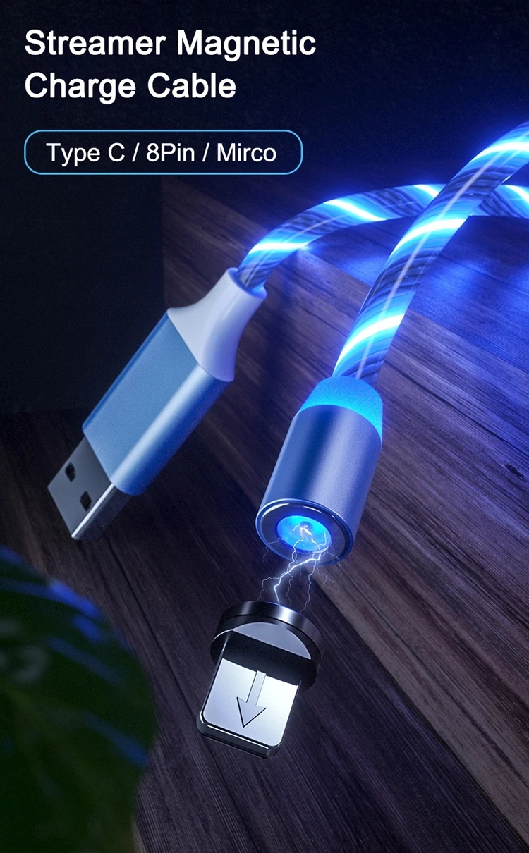 Flowing Light Magnetic Micro Type-c Fast Charger Usb Data Cable Led 3 In 1 Magnet Usb Magnetic Charging Cable - ANKUX.COM
