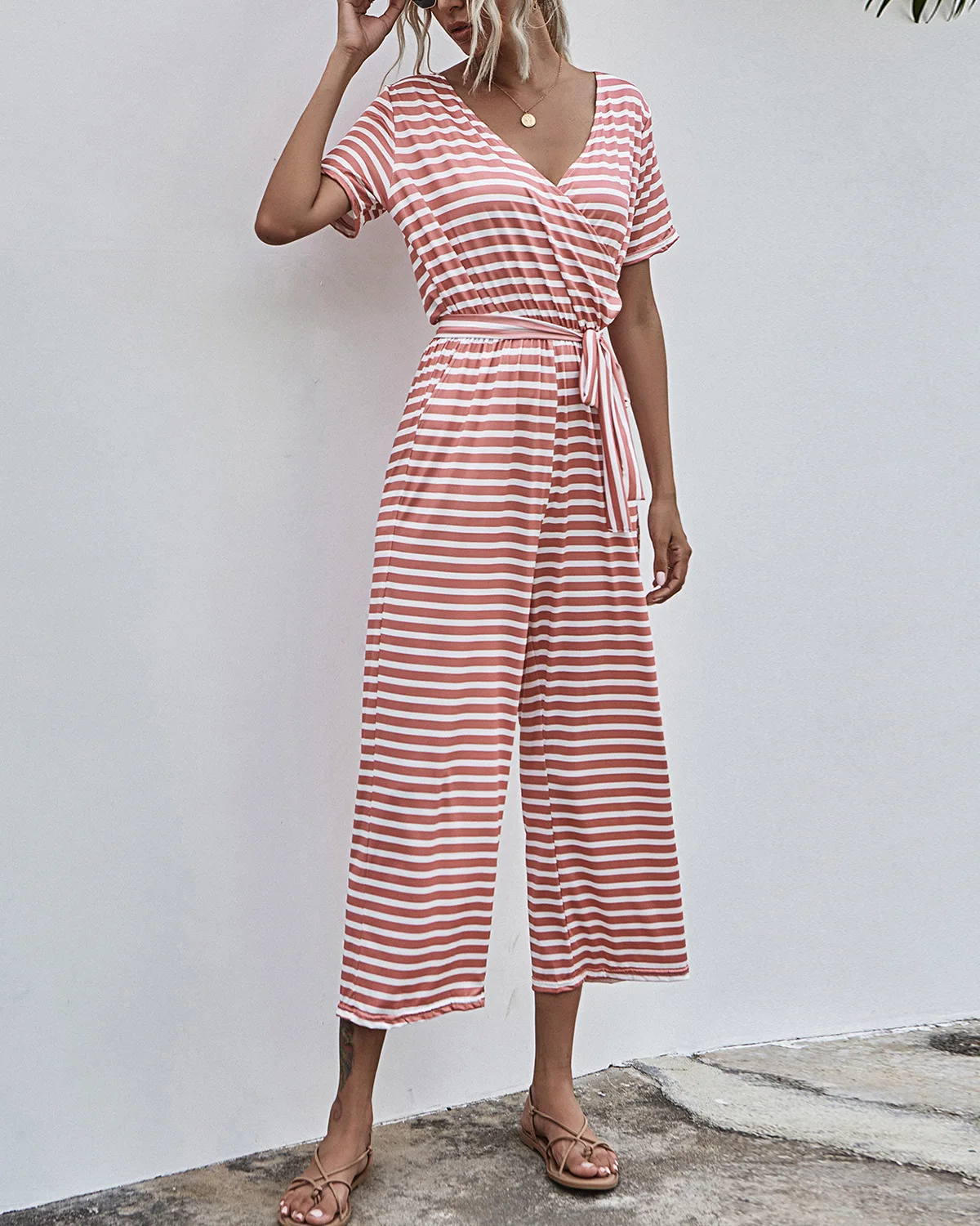 shein欧美女装时尚条纹v领短袖系带修身休闲女装连身裤