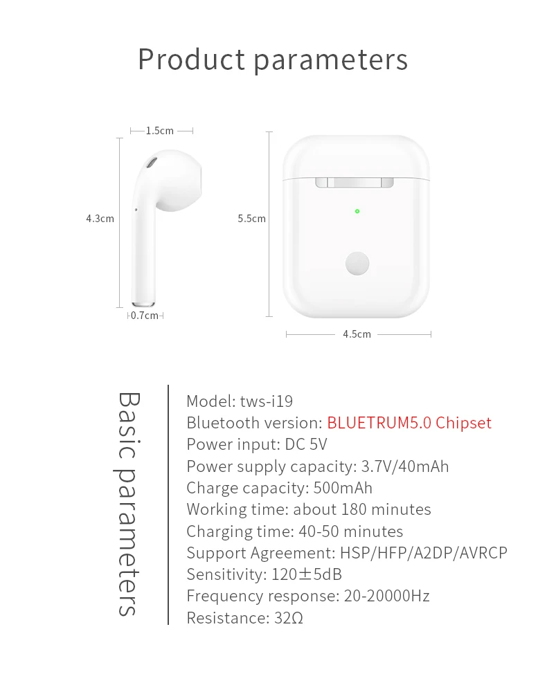 New arrival BT 5.0 earbuds portable earphone stereo earbuds i19 - ANKUX.COM