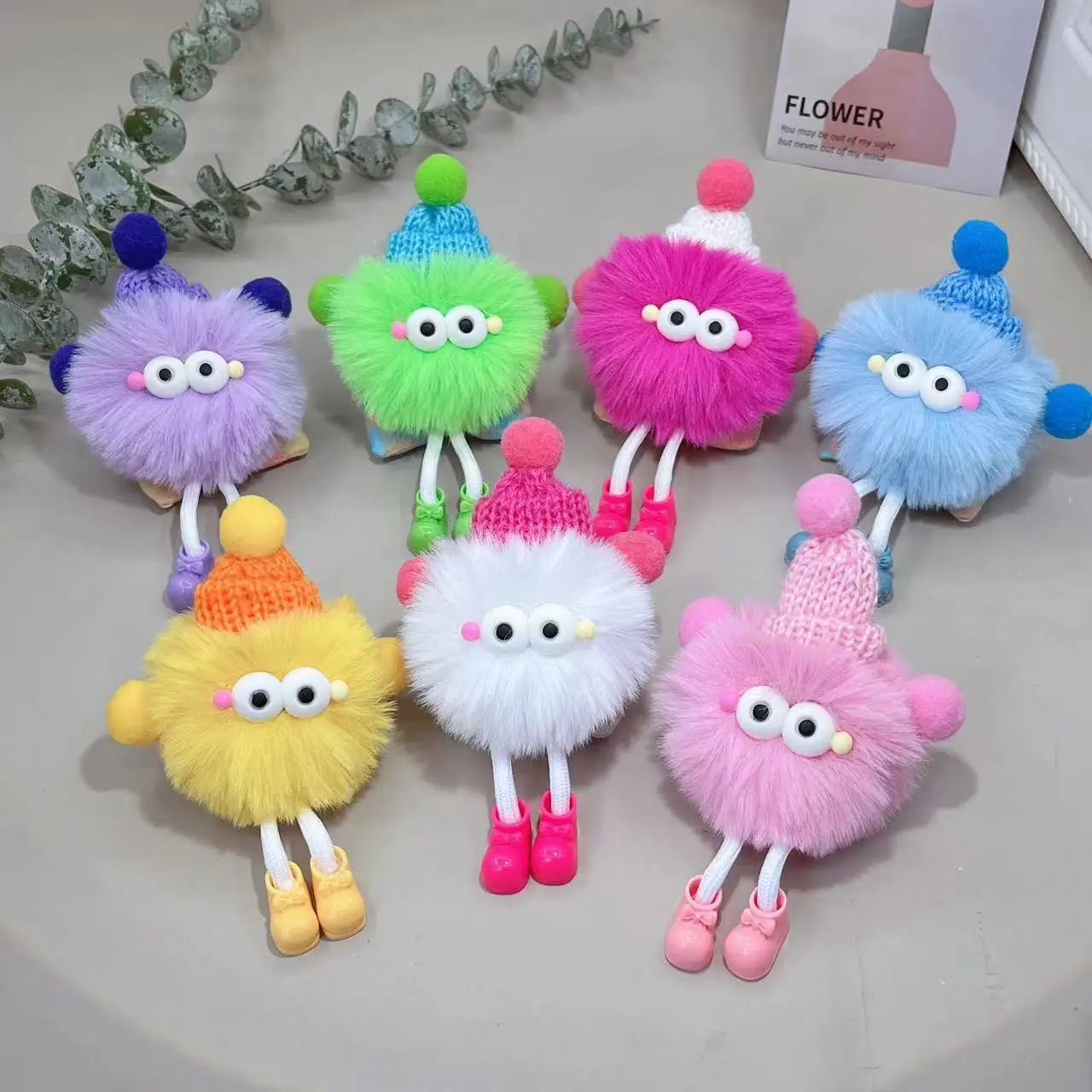 Quirky Big Eye Ugly Furry Ball Keychain Plush Doll - Fun Pom Pom