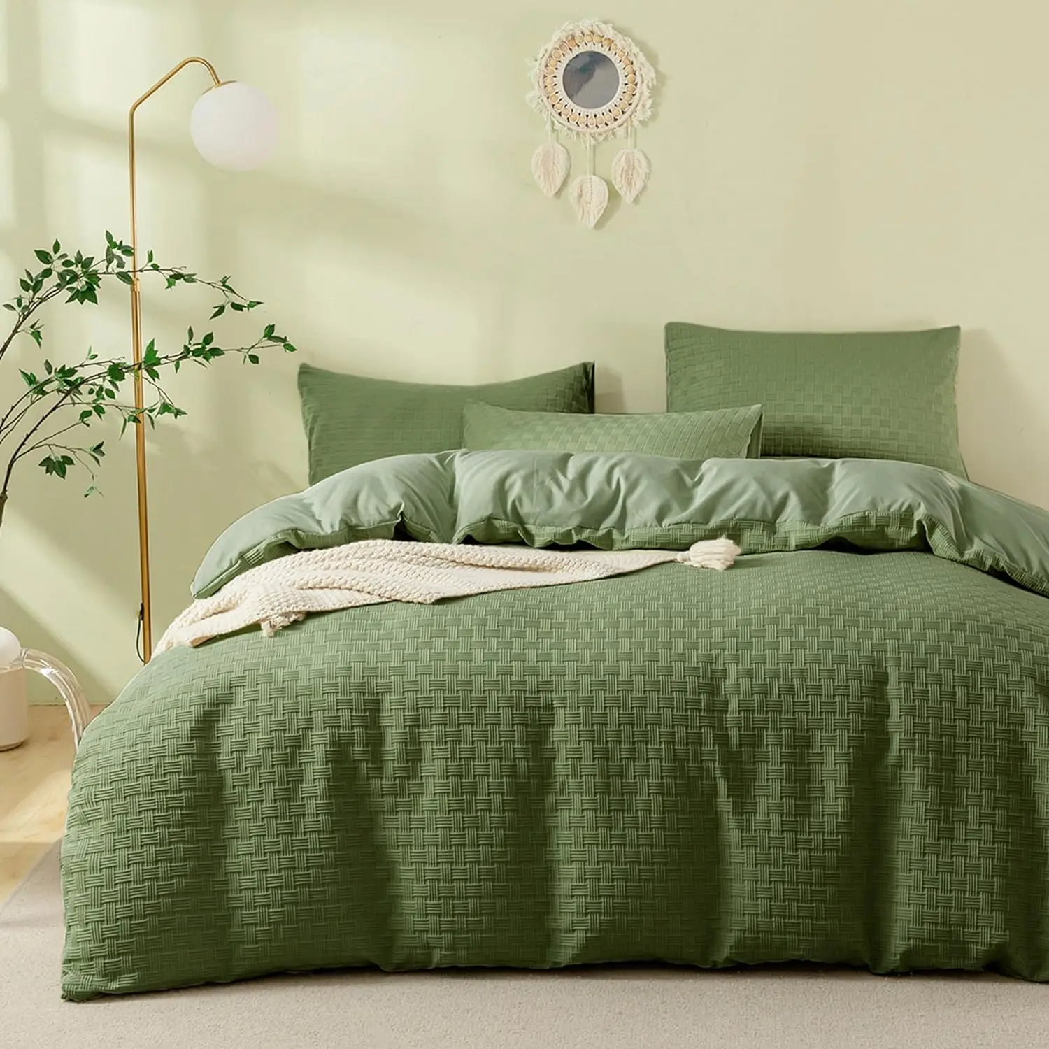 Queen Size Green Microfiber Duvet Cover Set 100% Cotton Bedding Waffle Weave for Home or Hotel manufacture