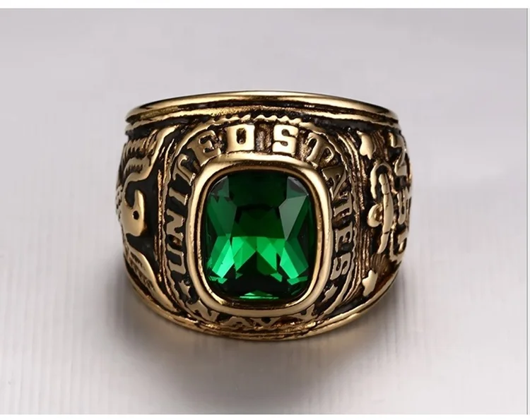 American army navy ring with lively green gem as gifts for friends