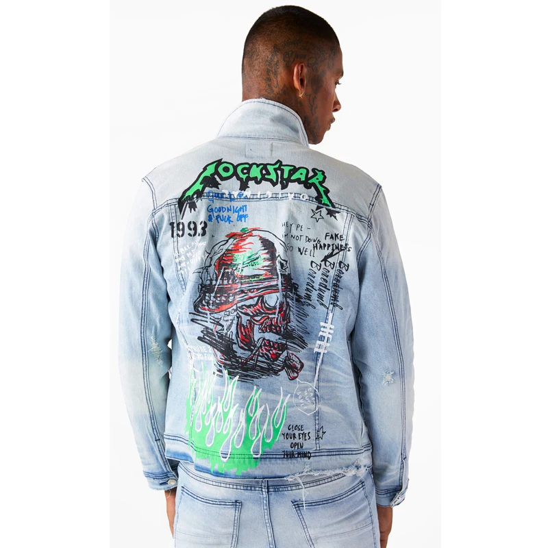 DiZNEW Crazy Silk Screen Printing Fashion Youth Party Blue Denim Jackets supplier