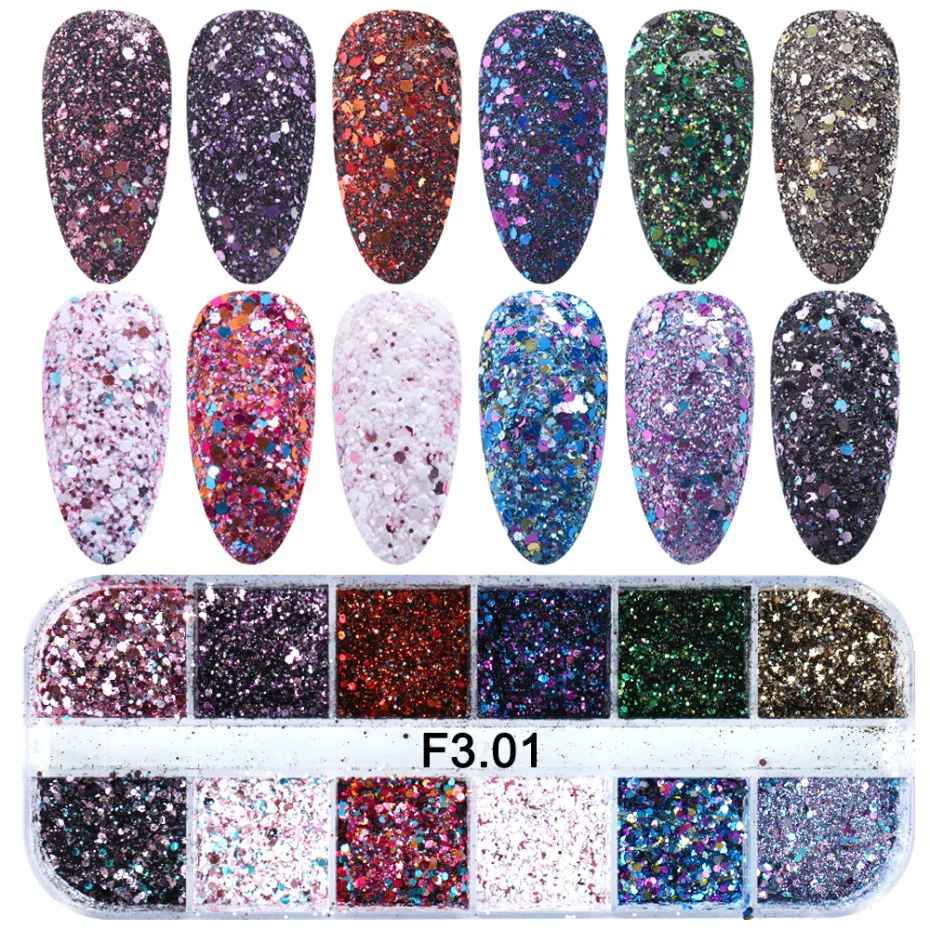12 Grid Holographic Design For Nail Glitter Flakes Mixed Hexagon Shine ...