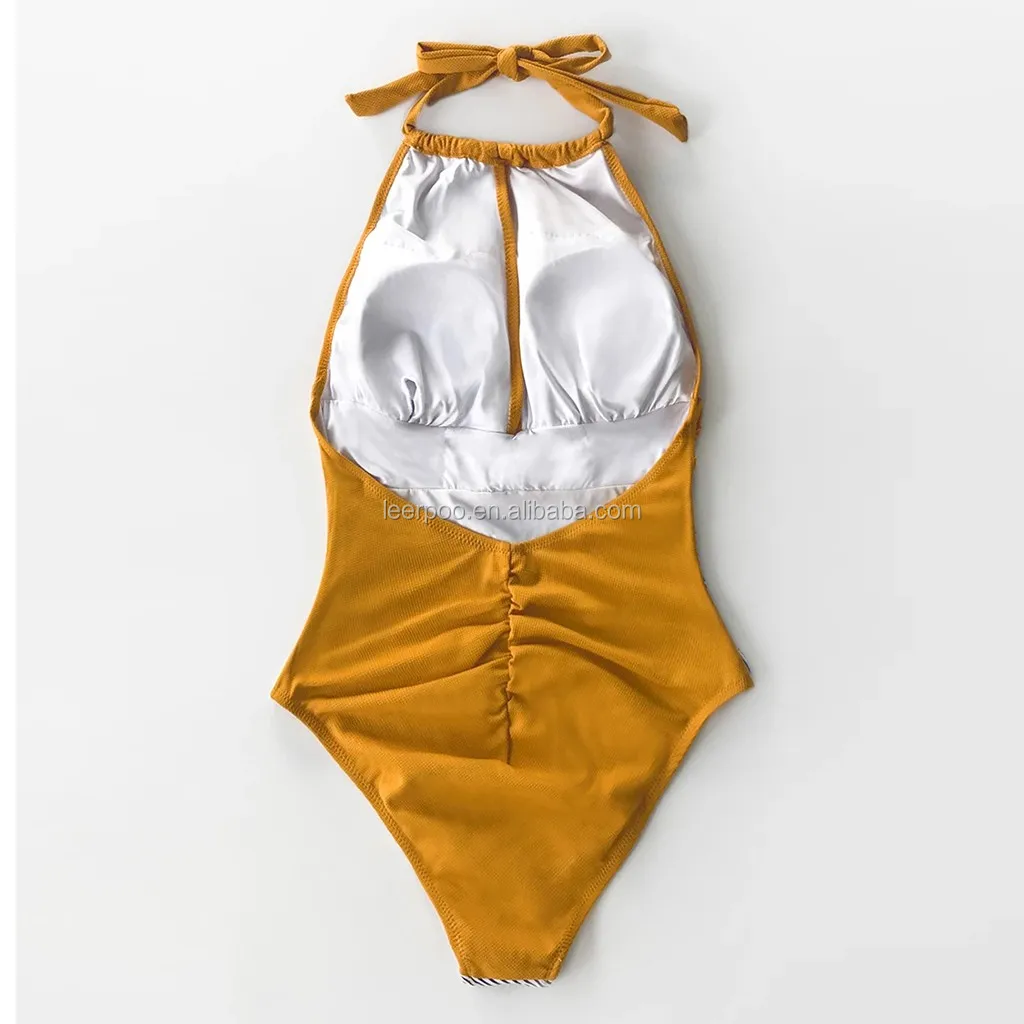 Women Stripe Halter One Piece Swimsuit Push Up Swimwear Bathing Sport