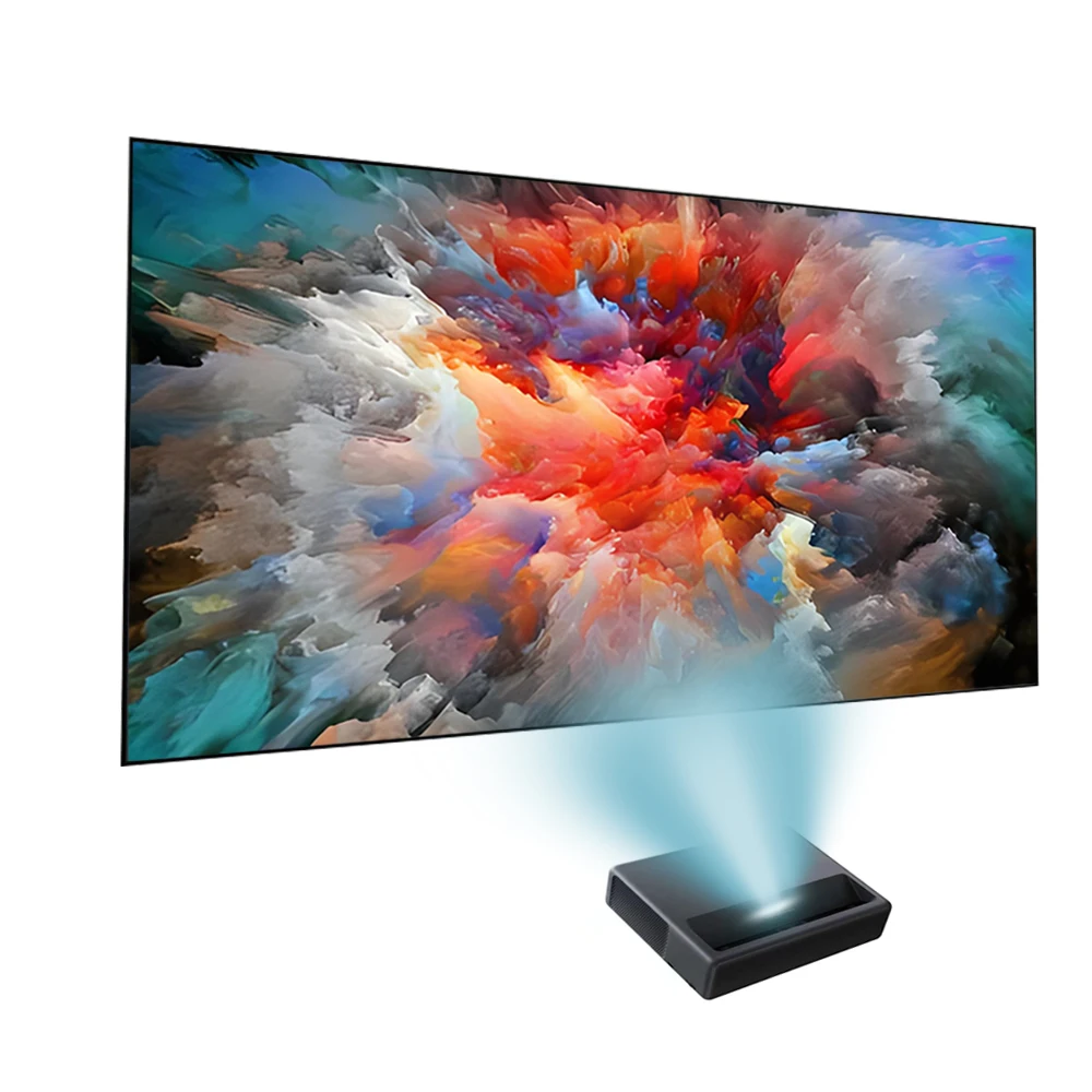 100-inch ALR projector screen mounted in home theater with UST projector on shelf