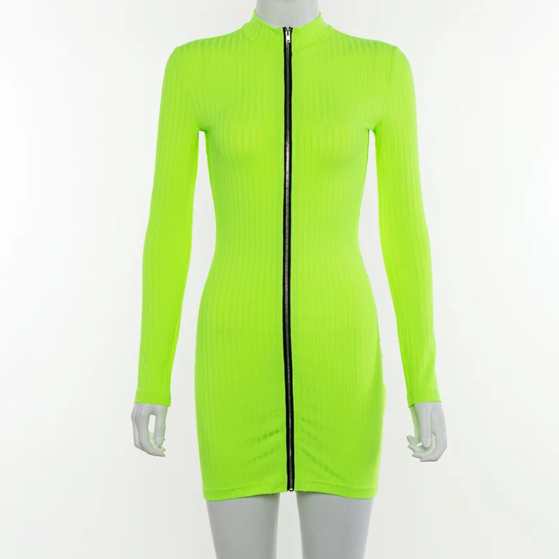 Guangzhou new arrival fall autumn season women turtleneck neon green  bodycon dress