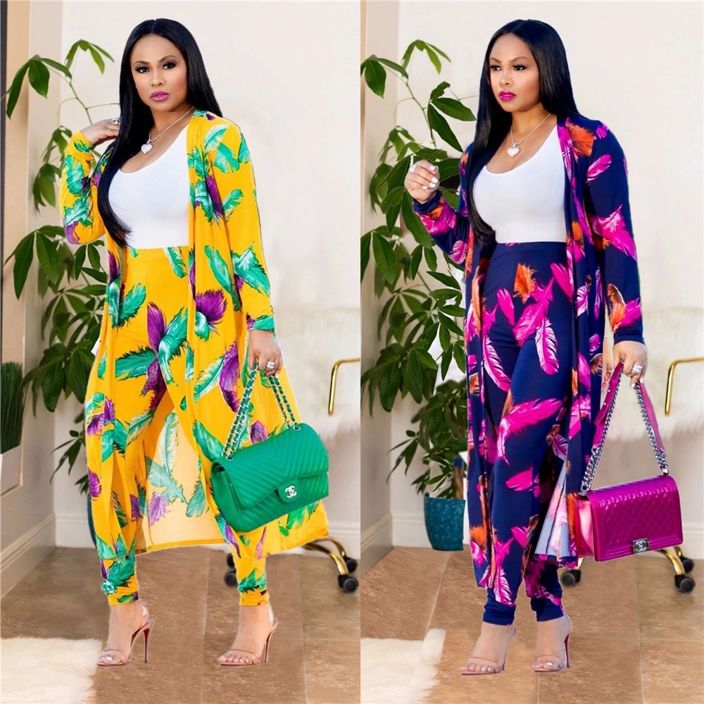 Dresses Women fall clothing Lady elegant Printed long coat leggings two piece set boutique clothing