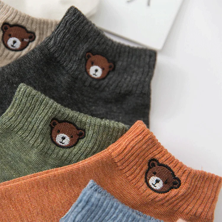 Women Socks Cute Bear Embroidery Custom OEM Socks Low Tube loose Socks Made Embroidery