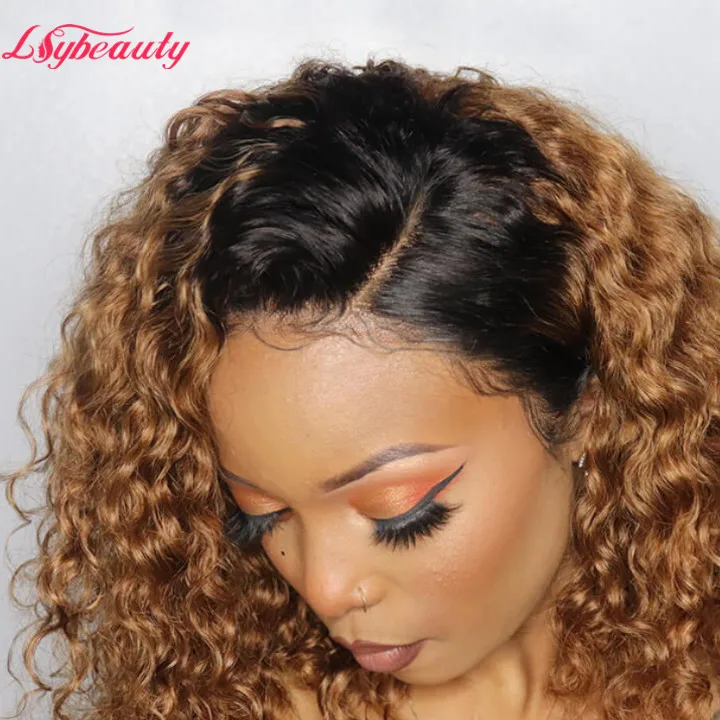 Ombre Honey Blonde Short Human Hair Wigs 1b/30  Brazilian Curly Lace Front Wigs Water Wave Bob Wigs For Black Women.jpg