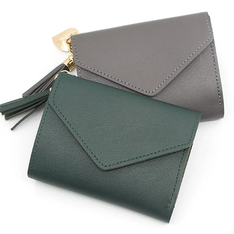 Women PU Leather Button Tassel Short Wallet Card Coin Holder Mini Clutch Purse 