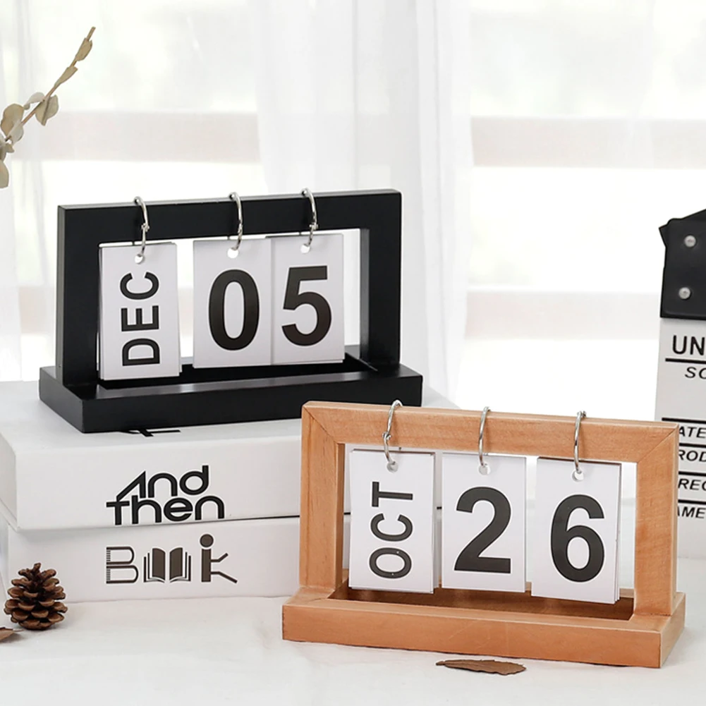 Wooden Calendar Desktop Wood Block Month Date Display Home Office Desk Decor 
