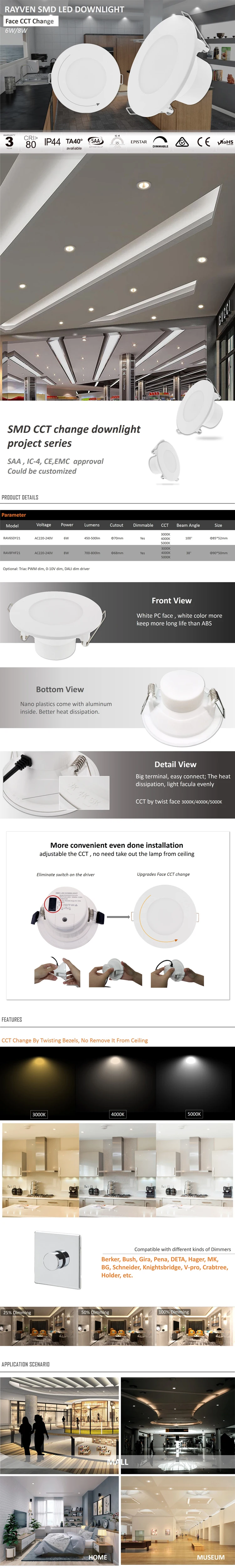 Face change cct color adjustable 6 CCT led downlight prices