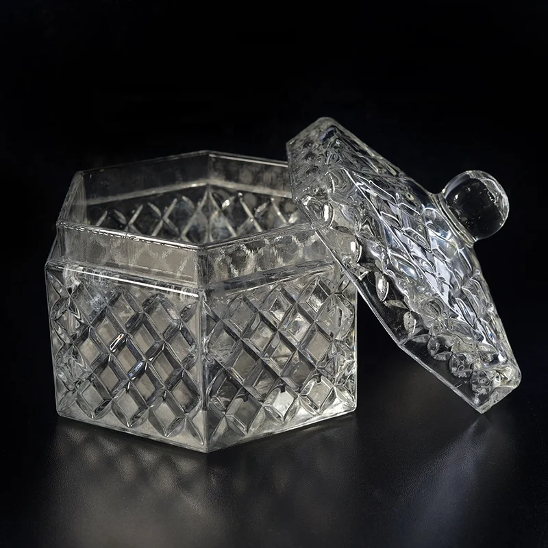 Clear hexagon Glass Candle holders with lid home Decor