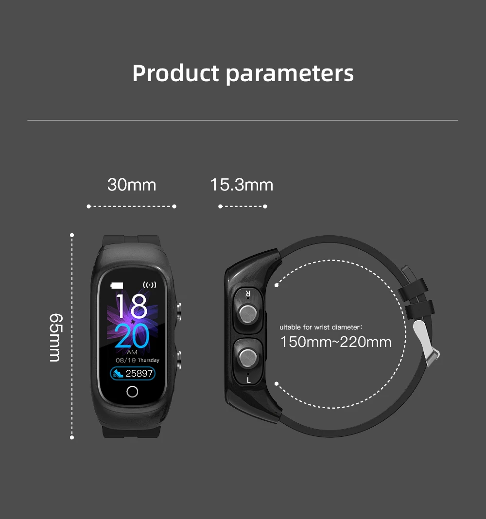 N8 Smart Bracelet TWS Wireless Earphone BT Call Heart Rate Blood Pressure Monitor Sport Smart Wristbracelet Android IOS