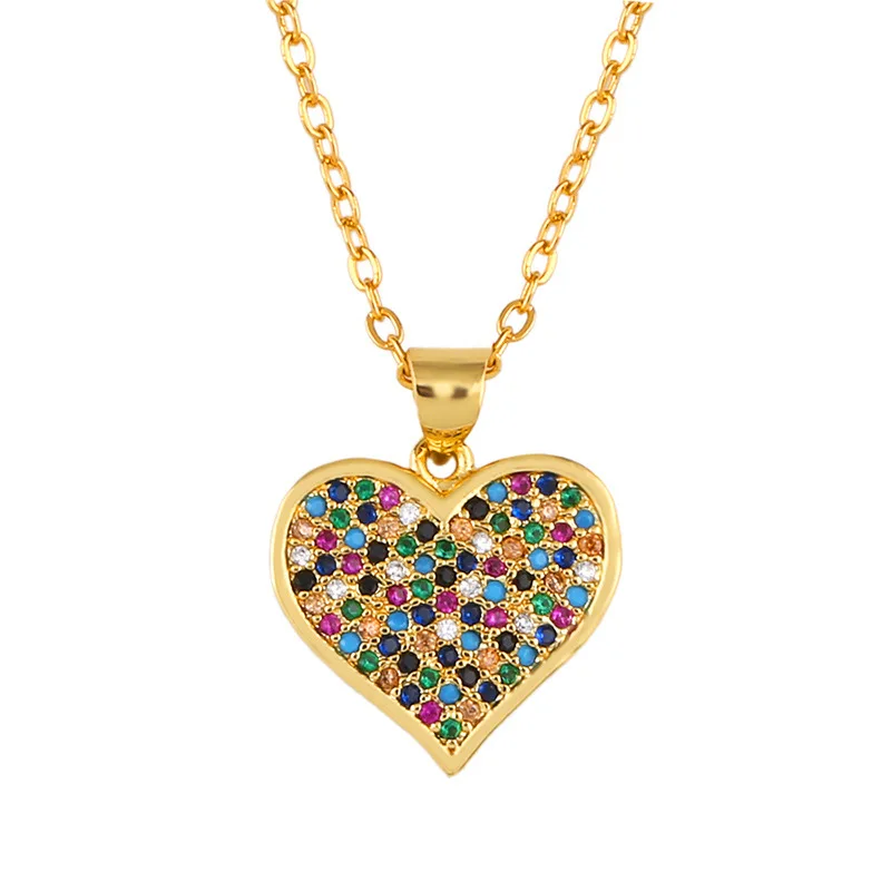 Fashion Gold Statement Heart Cubic Zirconia Necklace Geometric Rainbow Heart CZ Cross Necklace