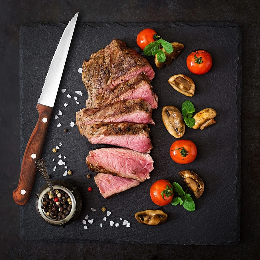 high quality 7pcs serrated steak knife and fork set in wood