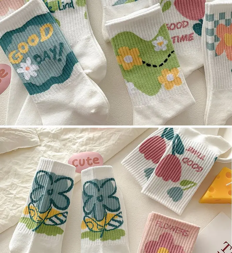 Women Spring Crew Socks High-Value Floral Print Sweat-Absorbent ...