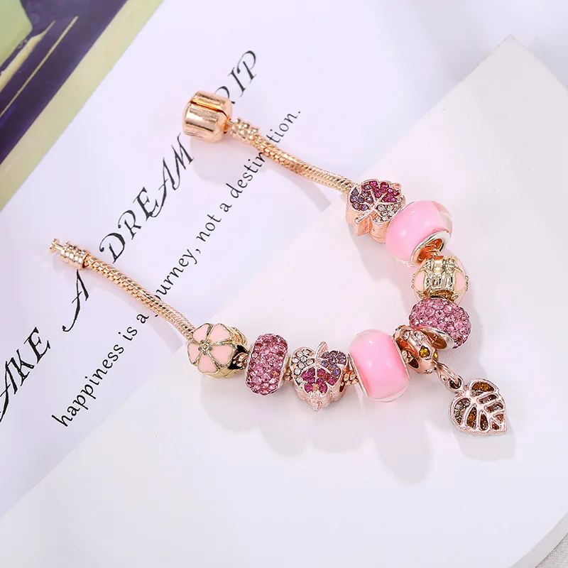 HOVANCI Luxury Women Jewelry Sweet Pink Glass Crystal Beads Flower Charm Bracelet Hollow Rhinestone Leaf Charm Bracelet