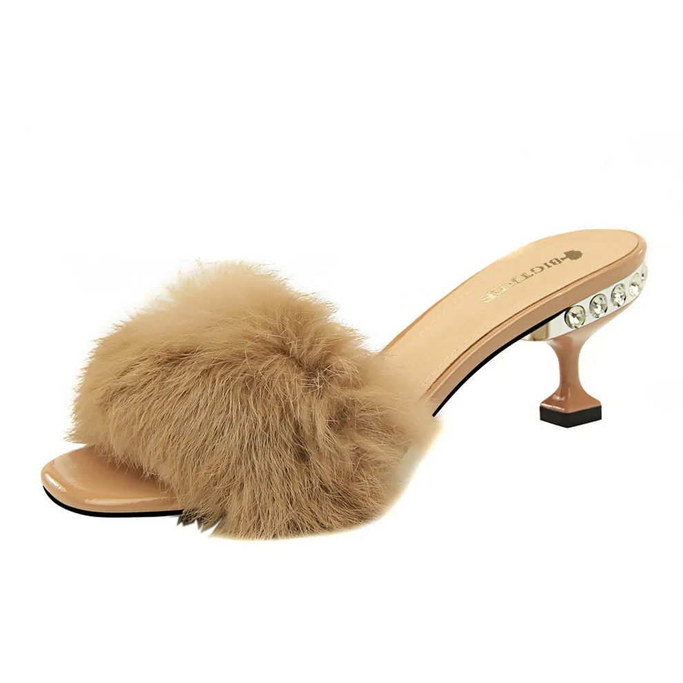 fluffy heeled slippers