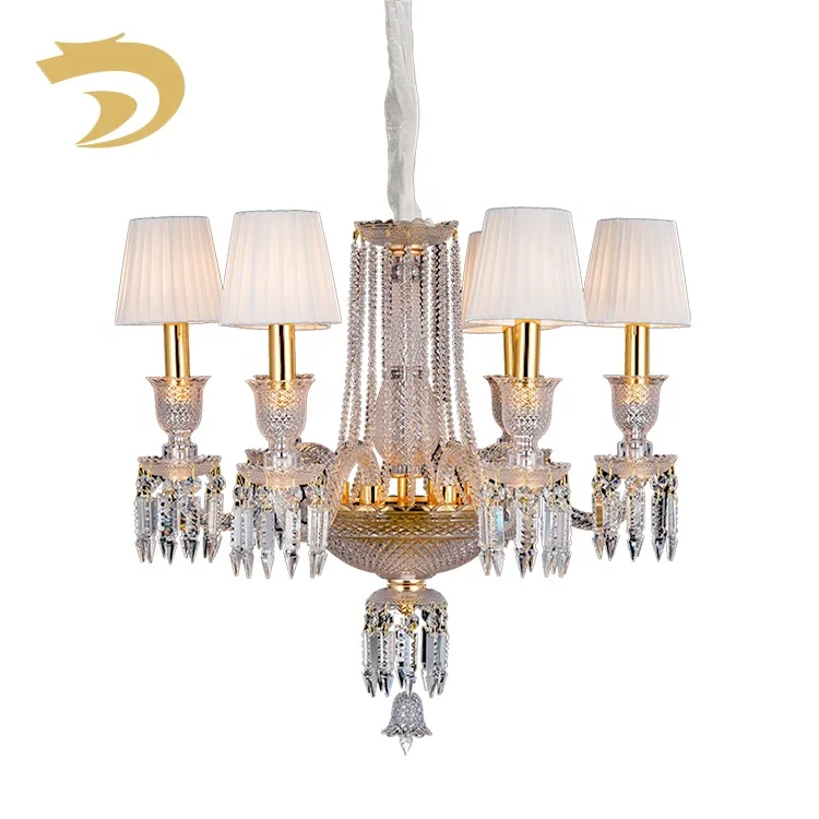 Zhongshan factory white fabric shade gold iron glass crystal hanging lights lamp chandelier