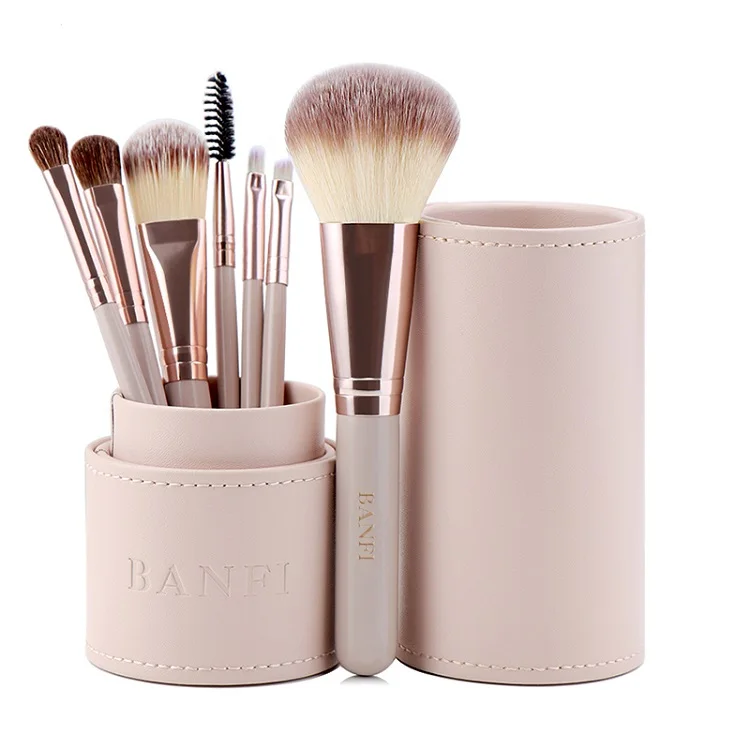 

Banfi Makeup beauty tool popular make up brush sets with holder 7pcs wood handle eyebrow brush makeup brushes, Pink