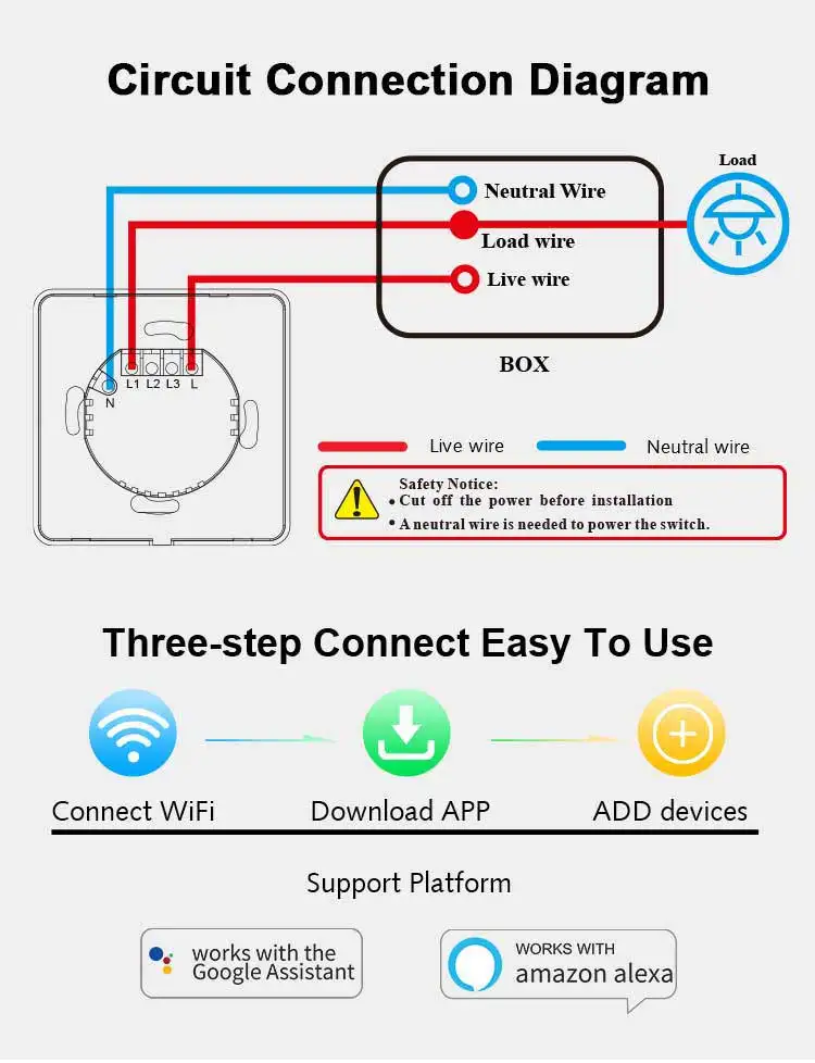 Remote Control 3 Gang 1 Way Wall Switch WiFi Wall Light Switch Compatible Google Alexa