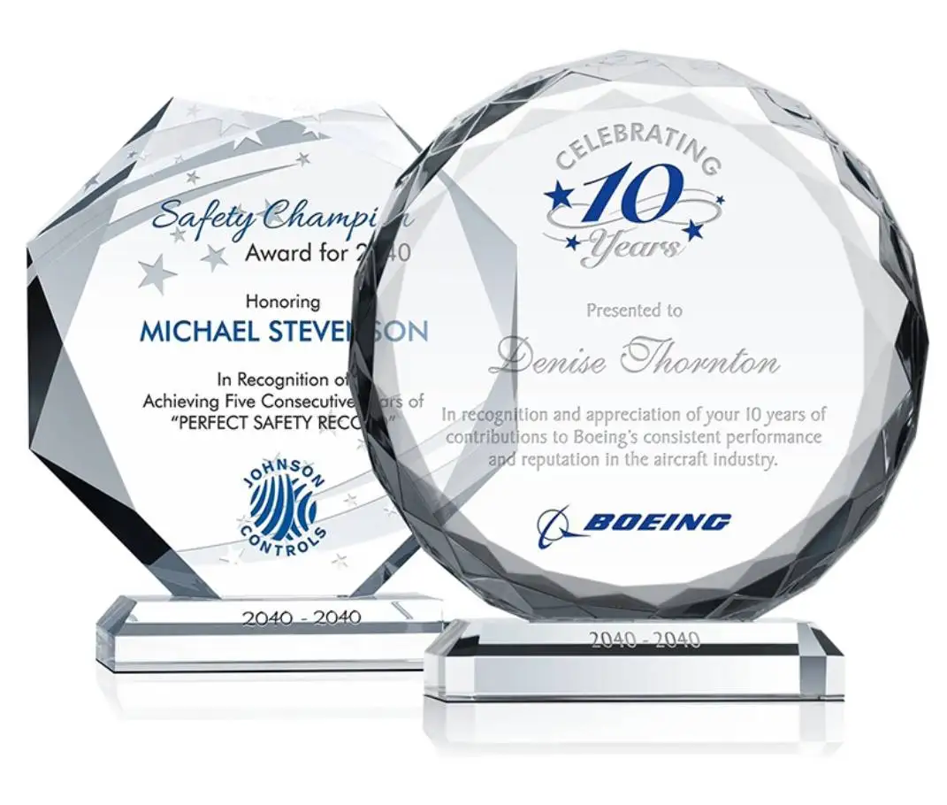 Crystal glass plaque employee recognition awards manufacture