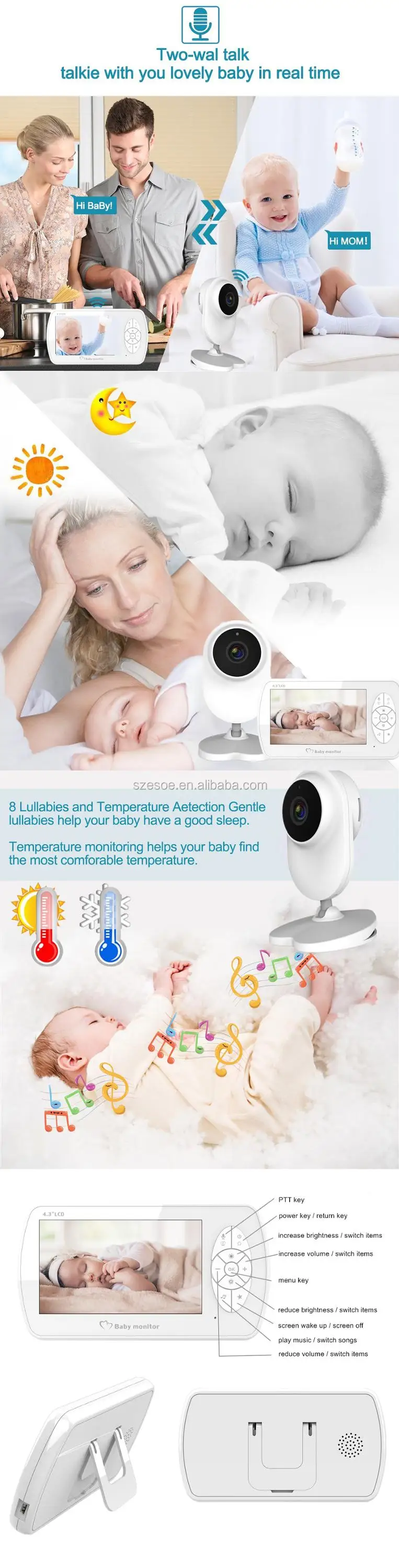 HD 1080P 4.3 inch LCD Screen IR Night Vision Wireless audio wifi baby Crying Detection Two Way Audio baby monitor wifi camera