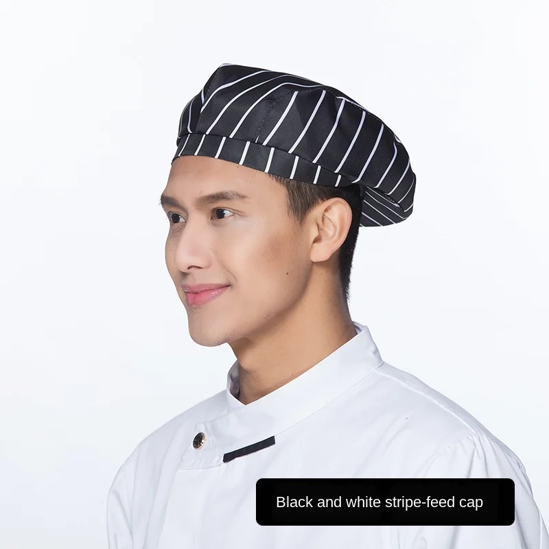 Professional Black Striped Hotel Restaurant Chef Hat Cap Kitchen  Cook Unisex 