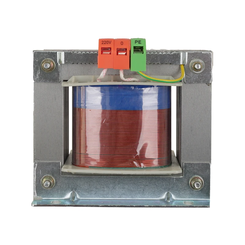 Front view of a compact 1kVA single-phase isolation transformer with terminal blocks and labeling
