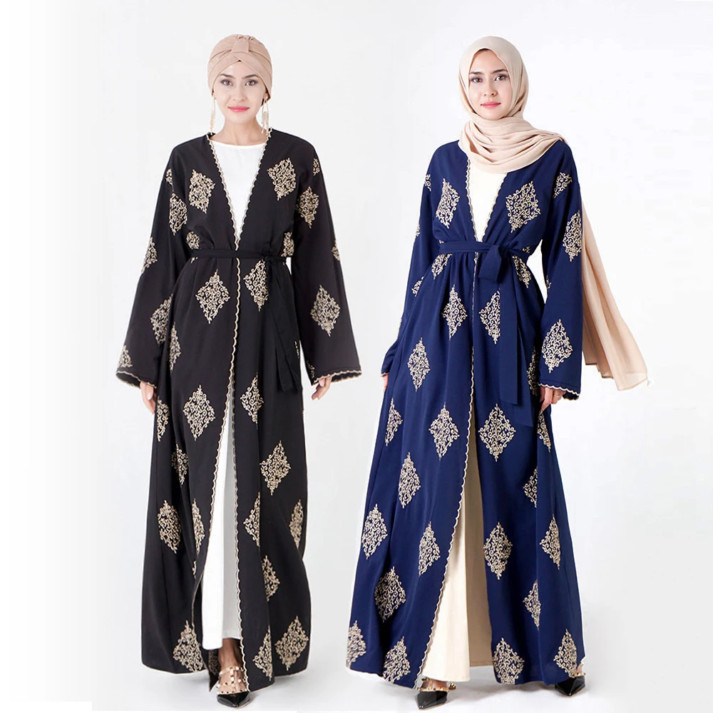 Abaya Kimono Cardigan Lace Patchwork Muslim Dress With Belt Plus Size Kaftan Maxi Dress Soft 