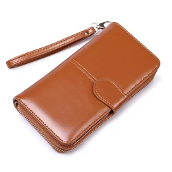 2021 new oil wax leather wallets mobile phone bag clutch slim long zipper coin purse women
