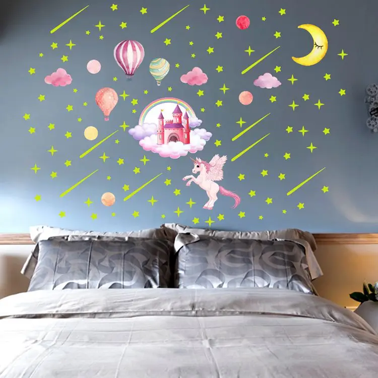 466 Pieces Glow in The Dark Unicorn Wall Decals Luminous Moon Star Dot Stickers 
